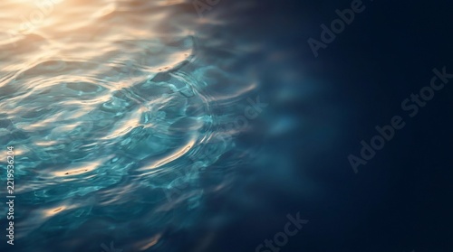 Abstract water ripples texture background, golden sunlight reflection on deep blue pool liquid, serene swimming pool surface for banner design
