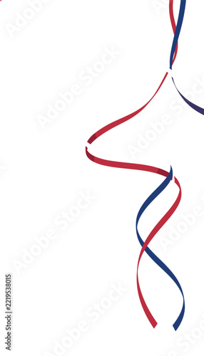 Dynamic red and blue ribbons gracefully swirl and intertwine against a pristine white background, creating an abstract and festive design.