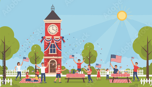Joyful families gather for a celebratory picnic in a vibrant park, adorned with an American-themed clock tower and waving flags under a sunny sky.