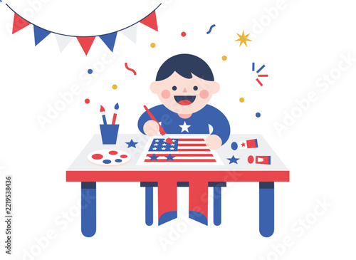 Joyful child happily colors an American flag at a small table, surrounded by colorful art supplies and celebratory confetti, engaging in patriotic craft.
