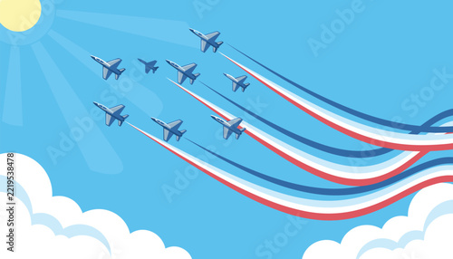 Impressive formation of fighter jets soars through a sunny blue sky, leaving patriotic red, white, and blue smoke trails in a stunning aerial display.