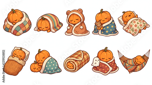 Adorable baby pumpkins sleeping and swaddled in cozy autumn blankets for Halloween season
