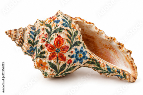 Natural seashell decorated with delicate hand-painted colorful patterns, authentic handmade artwork, detailed shell texture, isolated on pure white background, realistic macro product photography