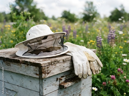 Beekeeper's Hat and Gloves Resting on a Hive in a Meadow