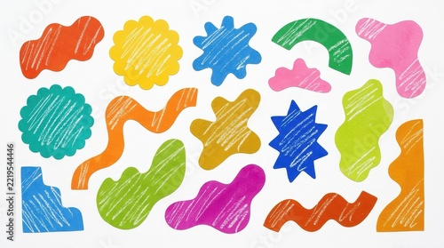 Colorful Abstract Hand Drawn Organic Shapes with Crayon Texture Isolated on White Background for Graphic Design Elements