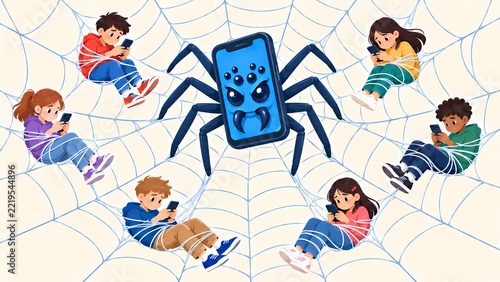 Kids caught in spider web smartphone screen addiction concept illustration