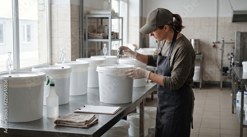 Food producer carefully checking temperature of large fermentation bucket