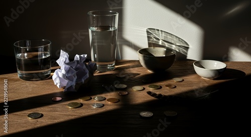 Still Life with Crumpled Paper, Glasses, Bowls, and Coins on a Wooden Table in Sunlight.