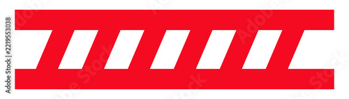 A minimalist red graphic design featuring a series of diagonal parallel stripes connecting two horizontal lines, isolated on a white background.