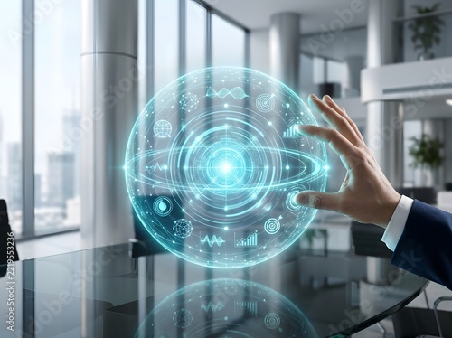 A professional businessman interacting with a futuristic digital marketing holographic interface inside a modern office with large glass windows