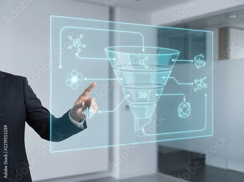 A professional business person interacting with a futuristic digital marketing holographic interface to analyze complex data and growth strategies