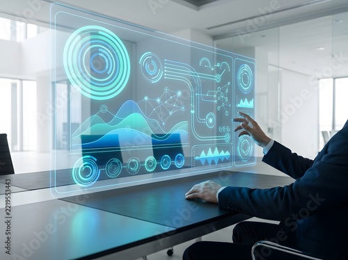 A professional businessman interacting with a futuristic digital marketing holographic interface to analyze complex data in a modern office environment