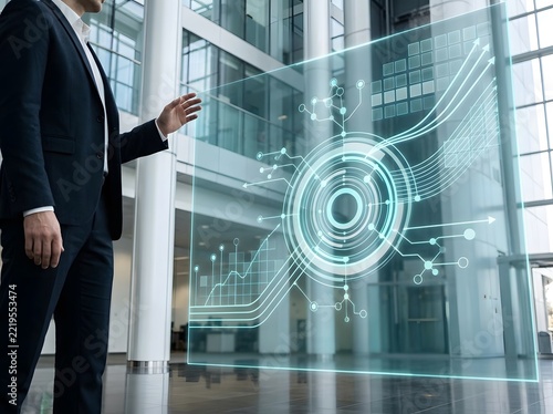 A professional businessman interacting with a futuristic digital marketing holographic interface inside a modern office building for corporate business growth