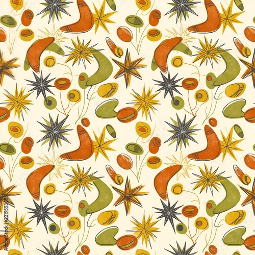 Seamless Pattern With Atomic Boomerangs Starbursts And Mod Spheres For Mid-century Modern Packaging Design
