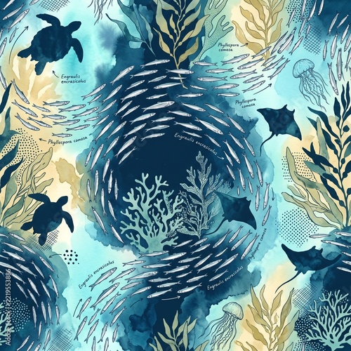 Seamless Pattern With Tiny Silver Anchovies Kelp Silhouettes And Ink Watercolor Elements For Marine