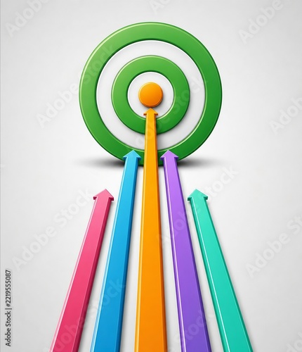Colorful vertical arrows pointing at a bullseye target