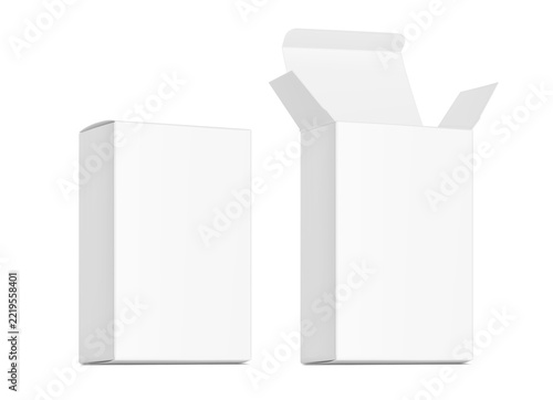 Realistic white open and closed paperboard box mockup with shadow. Illustration on transparent background ready for cover design, branding, presentation medicine, food, cosmetic products.