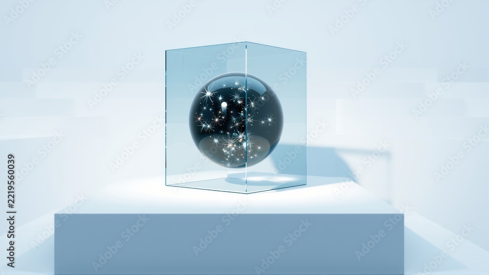 Fototapeta premium Glass cube contains dark sphere with bright stars inside. Minimalist presentation, clean background, modern aesthetic. Focus on celestial object.