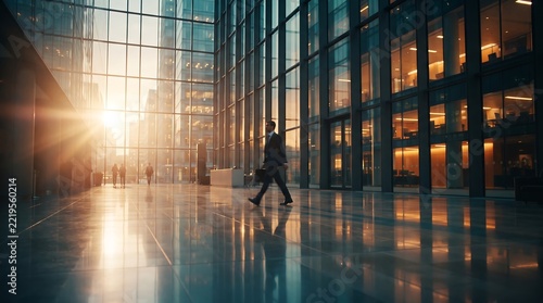 Businessman walking through modern office building hallway with glass walls and bright morning sunlight modern architecture corporate life business career urban architecture