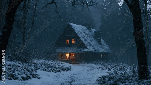 Cozy wooden cabin nestled in a snowy forest during a winter night with warm glowing and smoke rising from the chimney
