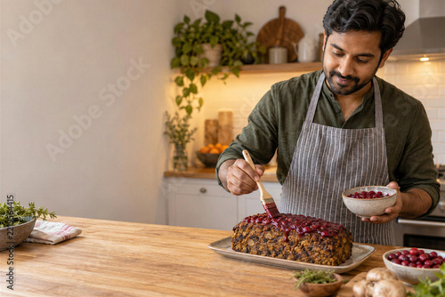Young indian man in striped apron brushing cranberry glaze on vegetarian lentil loaf at wooden kitchen counter