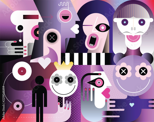 Abstract vector illustration in a modern art style featuring surreal characters, faces, and geometric shapes in bright dark purple and pink tones.