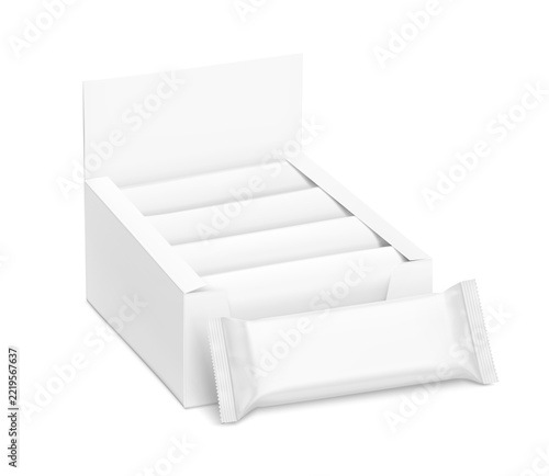 Blank flow packaging wrapper with open paperboard display box mockup set with shadow. Illustration on transparent background ready for design, presentation of bars, candies, waffles.