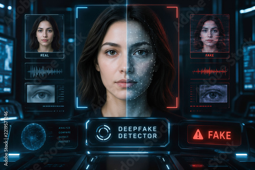 Deepfake detector interface analyzing real versus manipulated portrait in a dark futuristic tech environment cybersecurity verification and synthetic media detection concept for identity protection