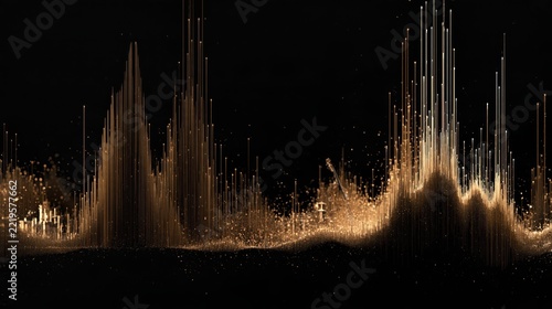 Golden particles exploding upwards from a wavy surface against a dark background during a dynamic display