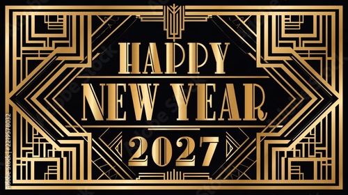 Happy New Year 2027 text with art deco geometric border in gold on black background