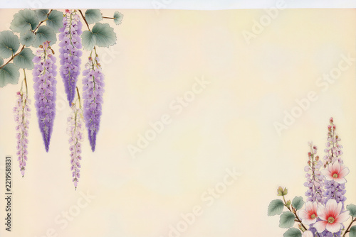 Wisteria floral border with pink white blossoms on soft gradient