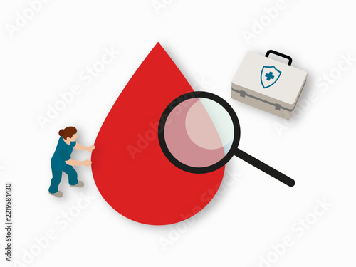 Blood donation importance concept with magnifying glass highlighting a blood drop medical professional pushing blood drop, researching blood donation