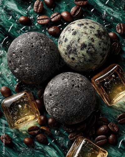 Three textured, round exfoliating products, likely soap or scrub, sit atop a teal surface.  Coffee beans and small, golden liquid containers surround them