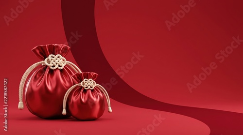 Red Lucky Money Pouches with Decorative Knot on Red Background for Lunar New Year Celebration

