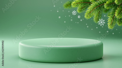 Green product podium with pine branches and snowflakes for Christmas display mockup