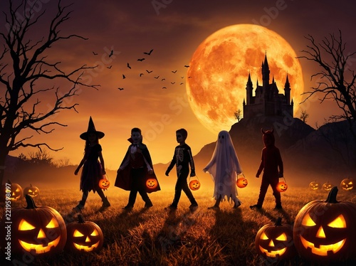 Spooky Halloween Night Scene with Glowing Pumpkin, Full Moon, Flying Bats, Dark Silhouette Trees and Eerie Autumn Atmosphere Vector Illustration