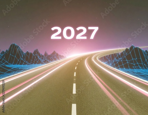 Synthwave retro cyberpunk style landscape background banner or wallpaper WITH TEXT 2027. Bright neon pink and purple colors