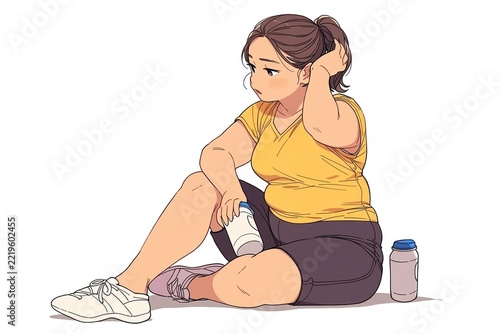 Plus-size woman resting after a workout session with a water bottle on a white background