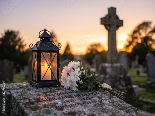Vintage Street Lantern in a European Park at Sunset with Warm Glowing Light, Historic Stone Architecture and Atmospheric Evening Sky