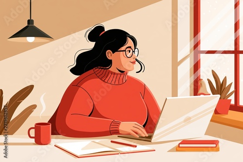 Plus-size woman working on a laptop in a cozy home office with warm sunlight and indoor plants