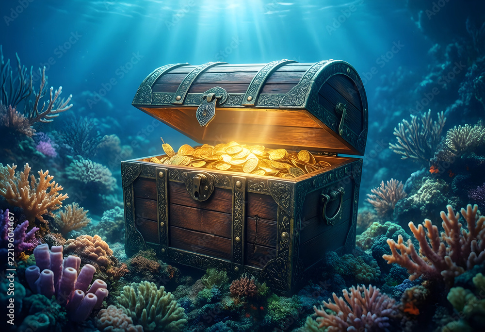 Fototapeta premium Treasure hunt and financial success, open wooden chest filled with glowing gold coins on a vibrant coral reef seabed in the deep blue ocean water