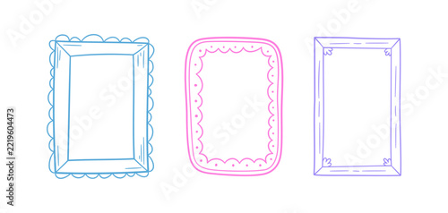 Vintage hand drawn picture frames. Doodle photo frames set. Color blank black sketch rectangle box. Scribble picture border. Vector doodle illustration isolated on white background.