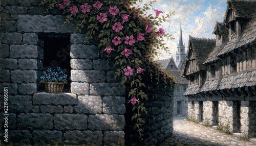 Medieval European old town street with stone wall and pink flowers blooming