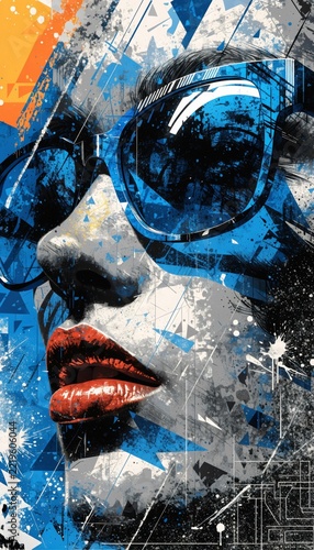 Modern urban pop art portrait of a woman in blue sunglasses with red lips