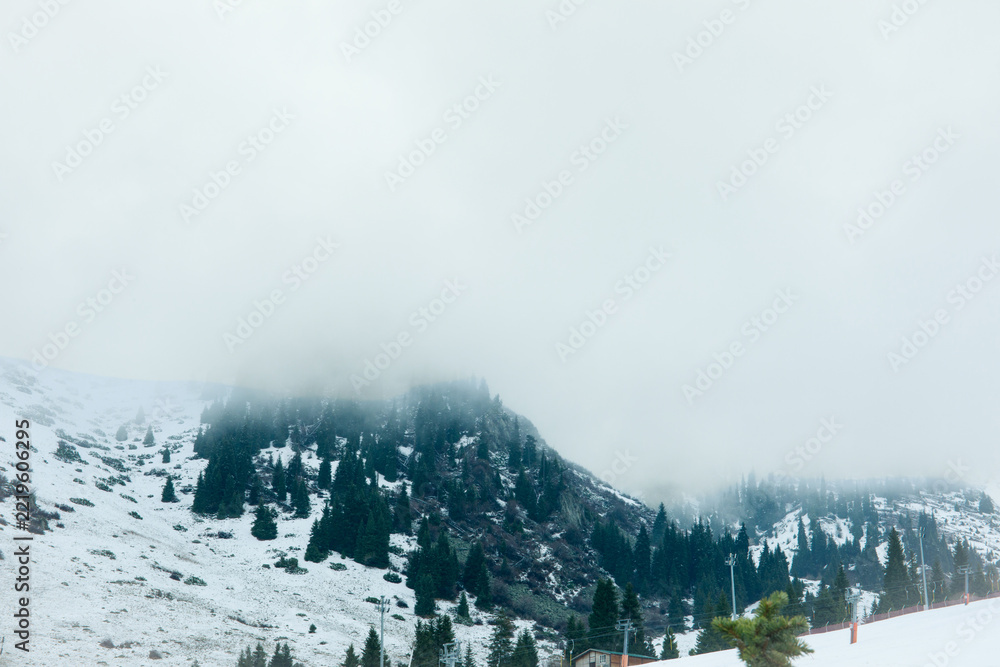 Naklejka premium Snow-covered mountain terrain obscured by dense fog