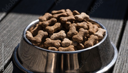 Dry pet food kibble in a stainless steel bowl on a stone surface