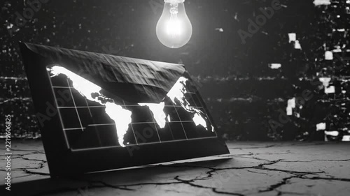 Global economic decline represented by a world map chart lit from behind a draped cloth under a lightbulb