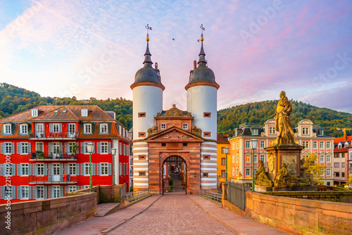 Historic Old Bridge and twin towered bridge gate in Heidelberg, Germany