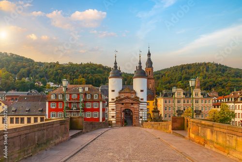 Historic Old Bridge and twin towered bridge gate in Heidelberg, Germany