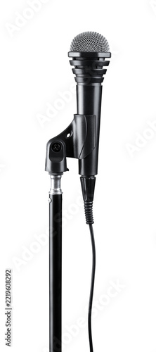 Black microphone with wire on stand